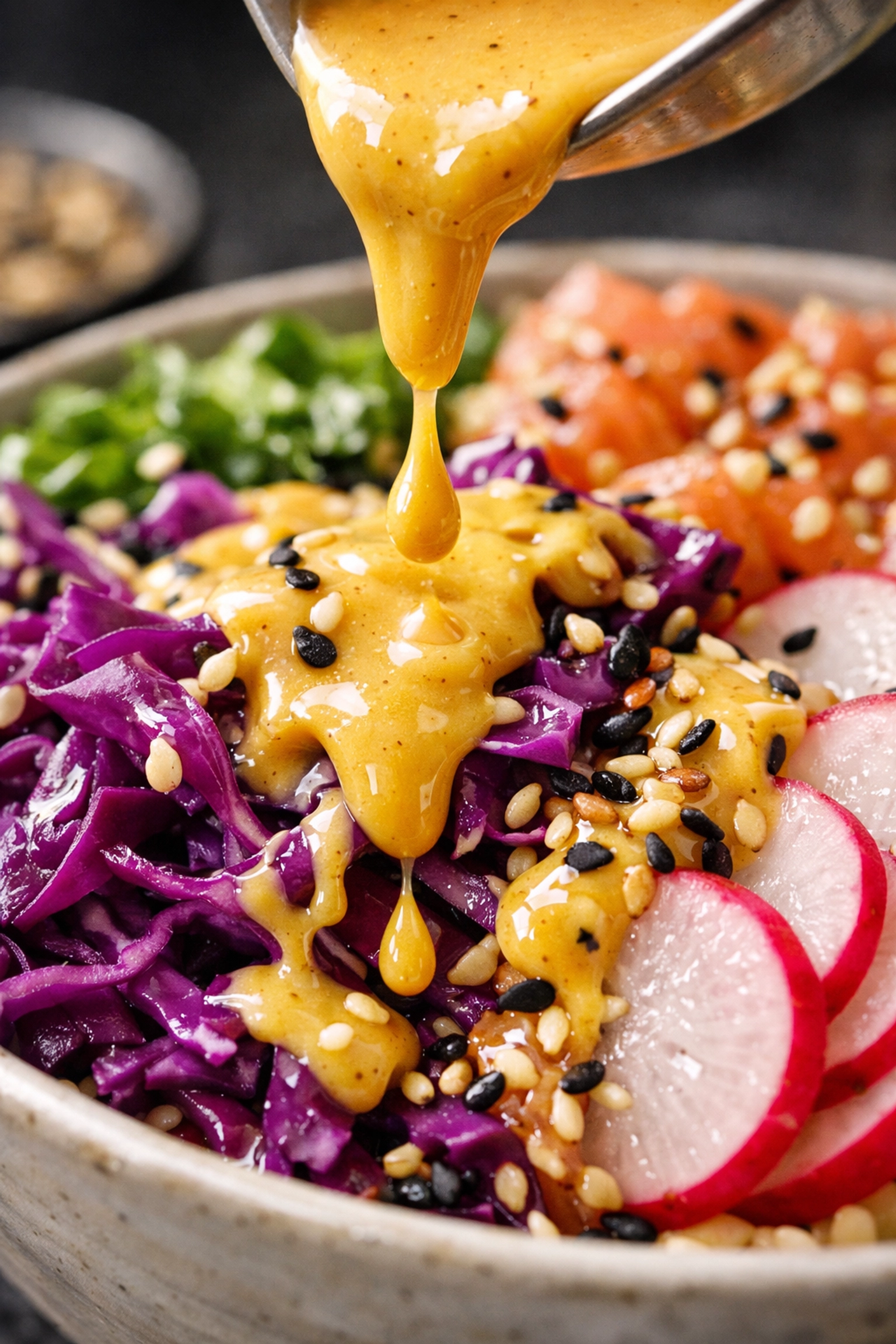 Sauce gourmande versée sur un poke bowl croquant pour un repas sain et savoureux à Montpellier.