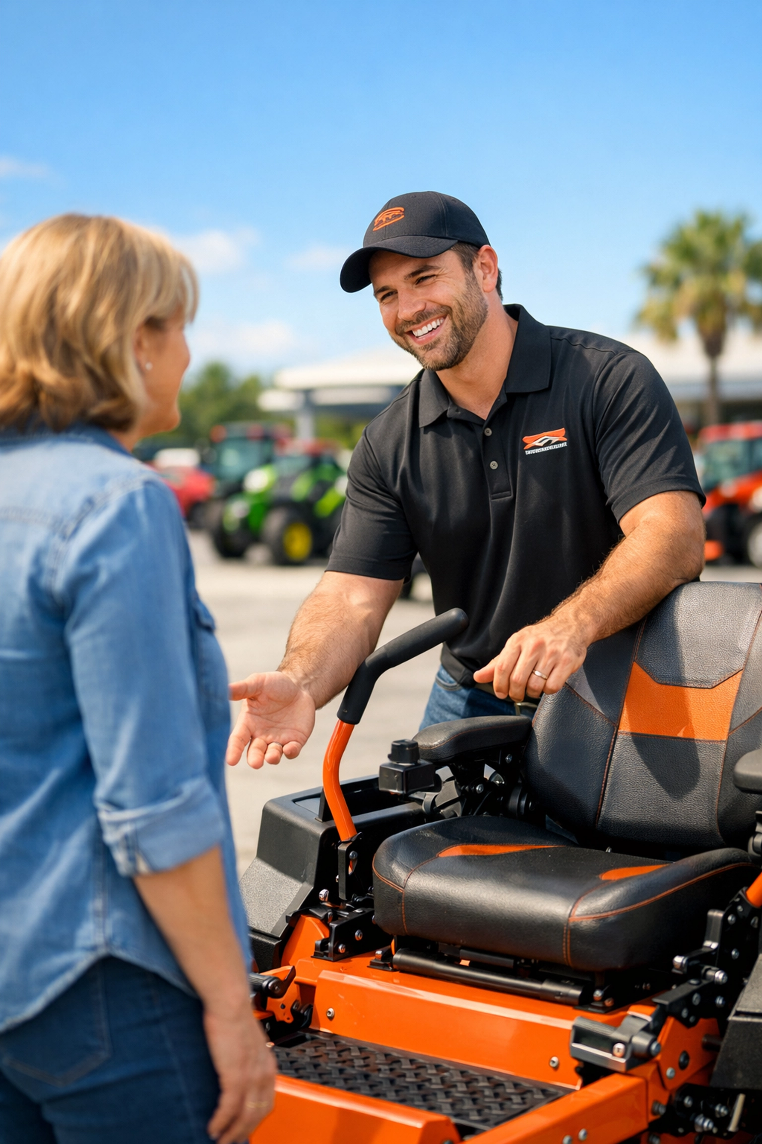 A knowledgeable staff member at Ocala Tractor helps a customer choose a Gravely zero-turn mower.