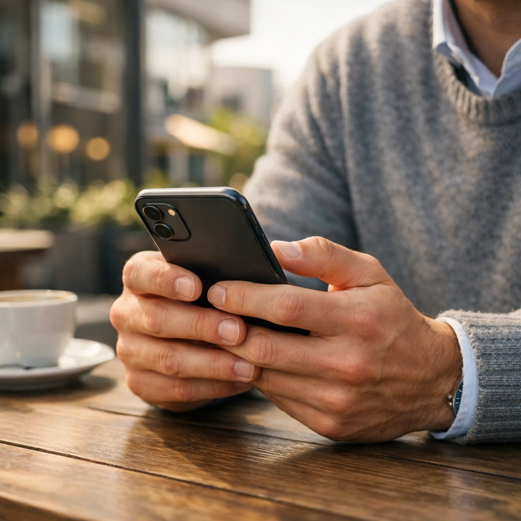 Close-up of hands on a smartphone managing a fast payday loan online Alberta from a local cafe.