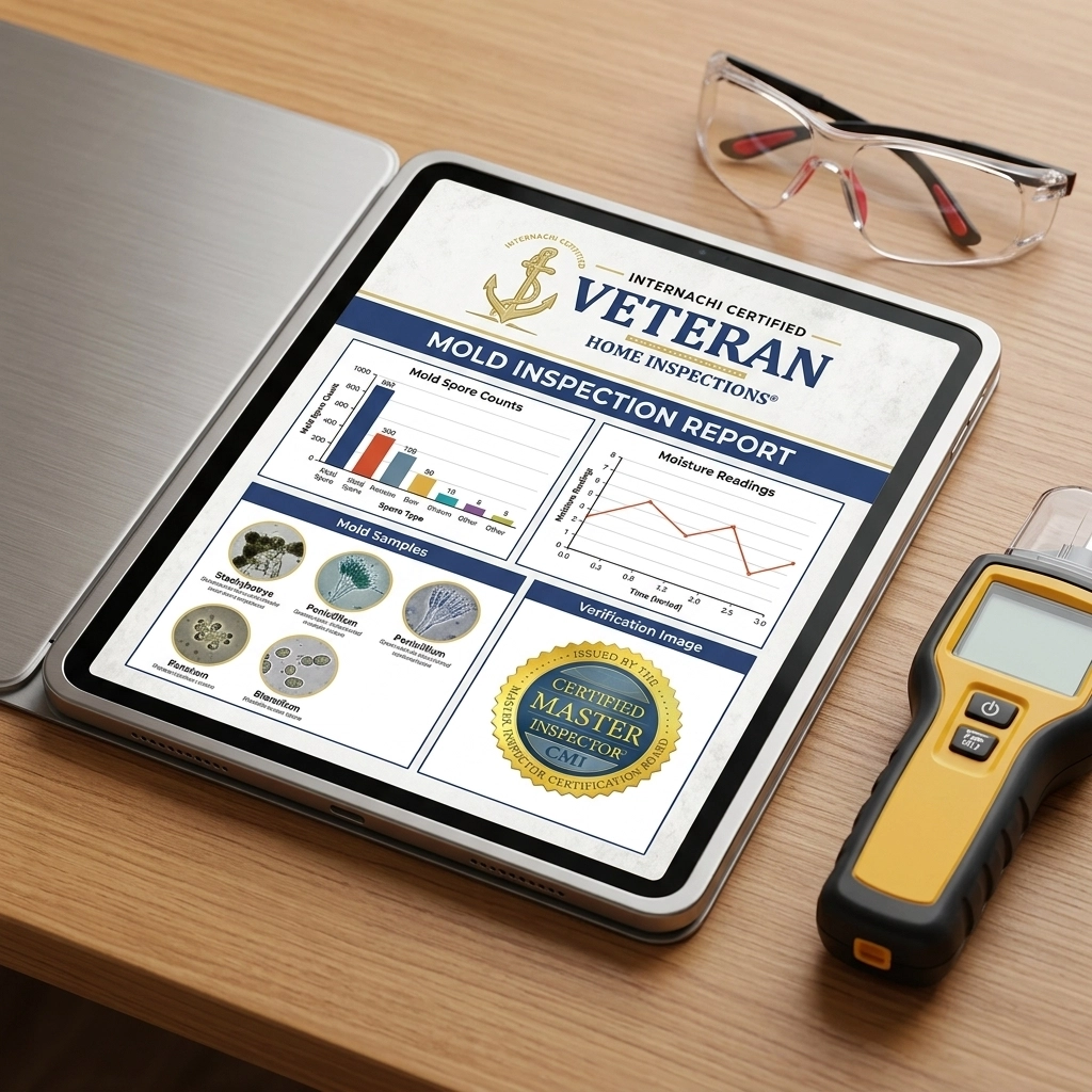 Digital mold inspection report on a tablet with professional equipment