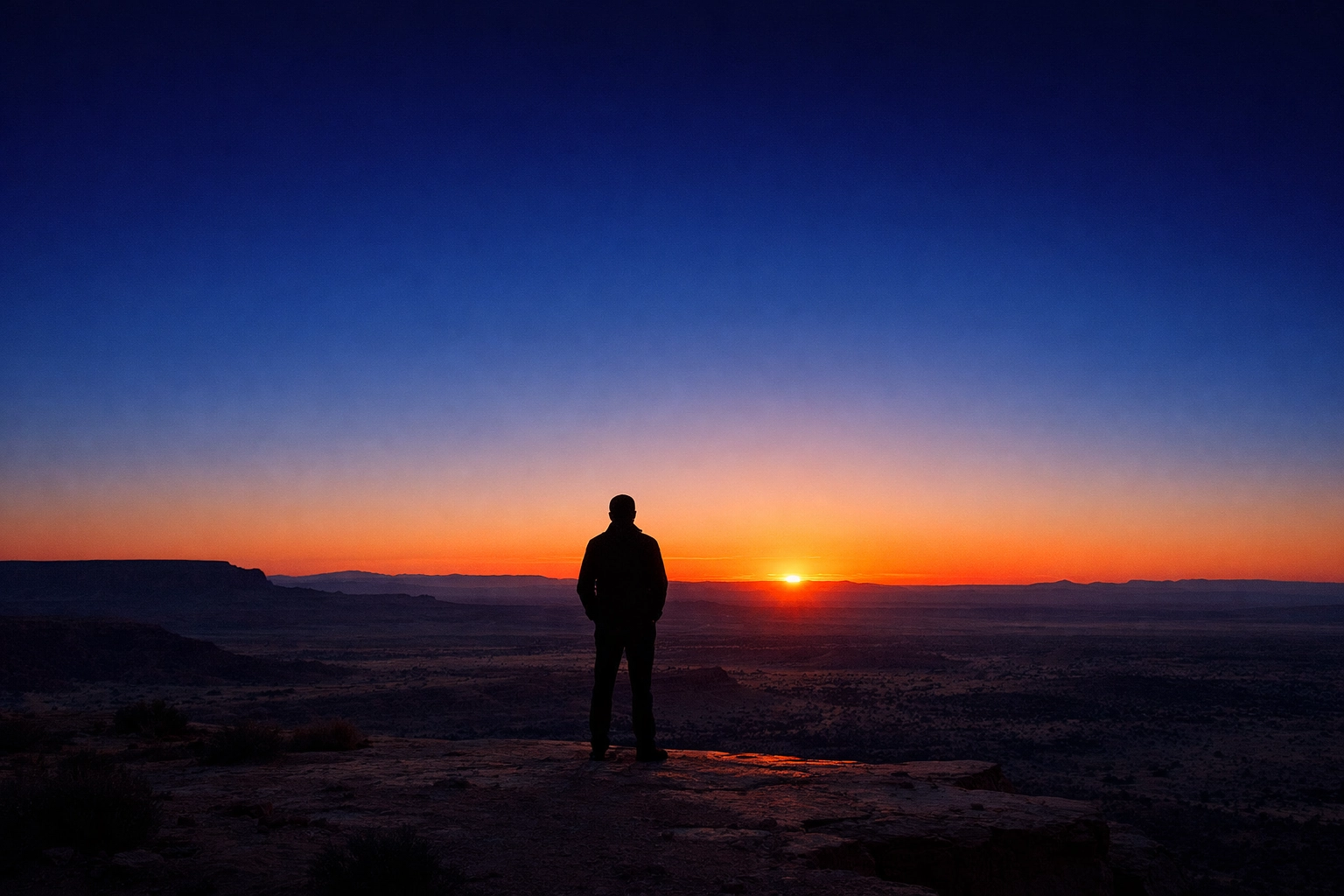 Silhouette of a man at dawn in New Mexico, symbolizing an Iranian Christian's wait for freedom.
