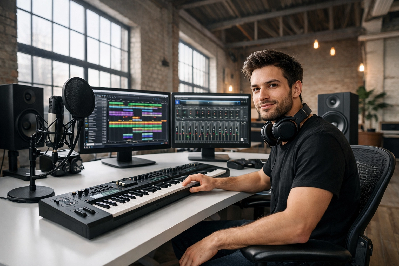 Professional music producer using a high-tech DIY home studio setup in a modern loft.