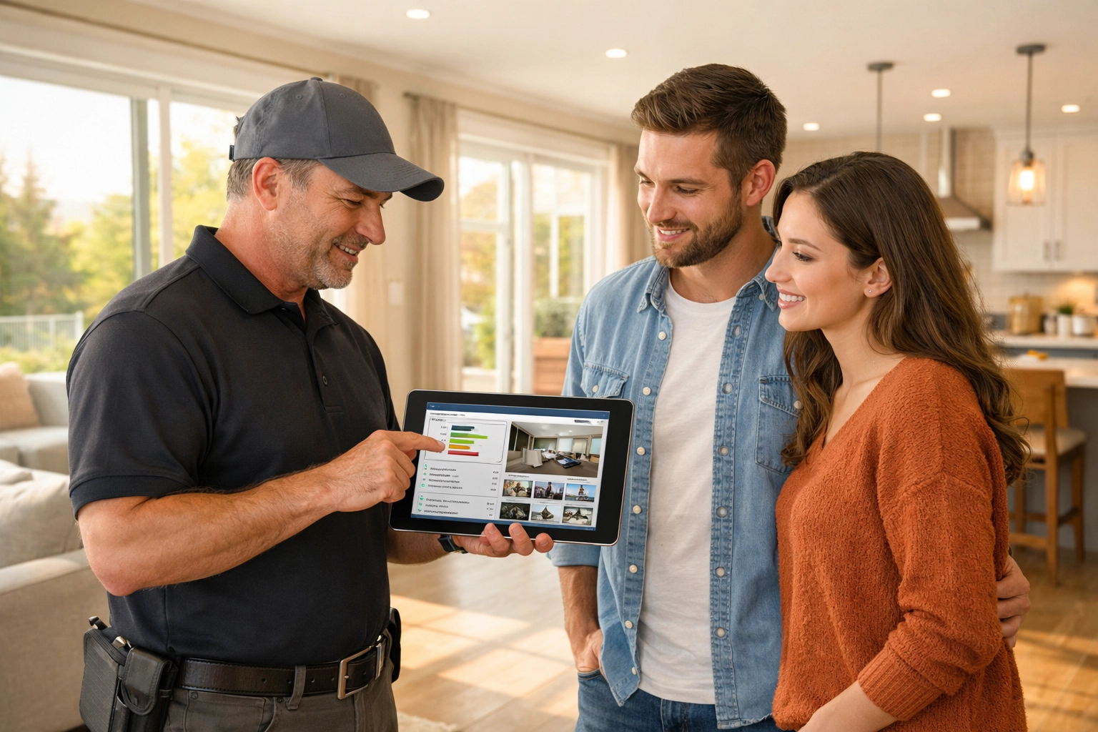 Professional home inspector showing a digital inspection report on a tablet to buyers in a bright living room.