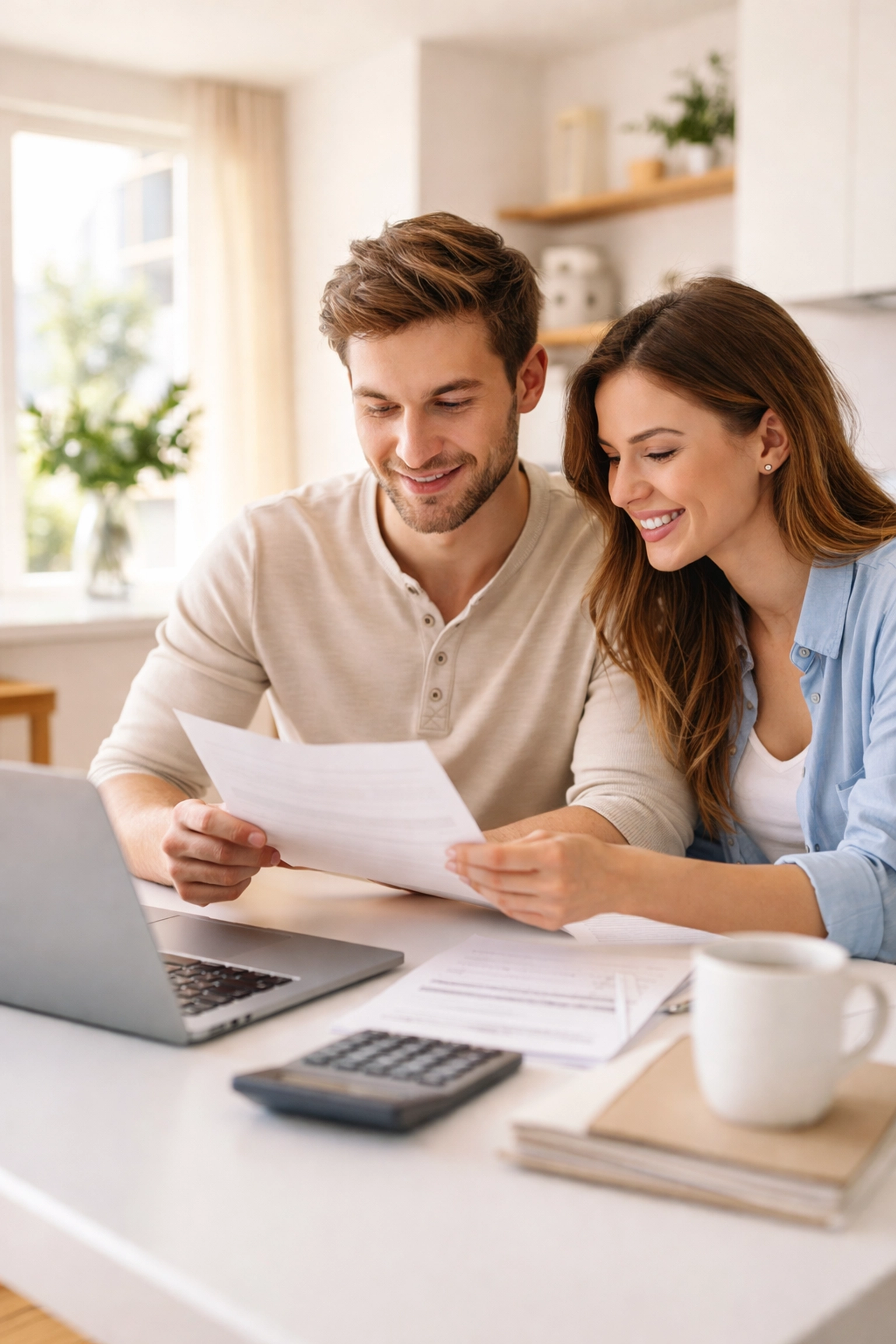 Young first-time buyers reviewing home documents at a modern condo, symbolizing beginning the buying journey in Burnaby and the Tri-Cities.