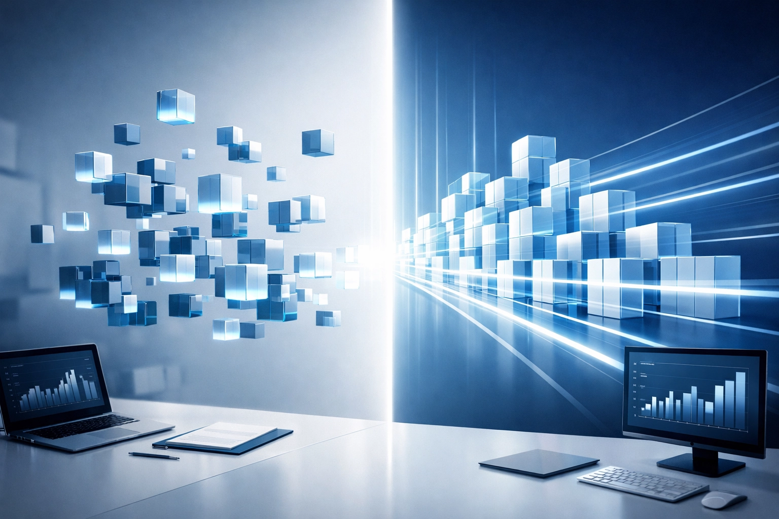 Streamlined data integration services organizing chaotic business silos into a clear decision engine.