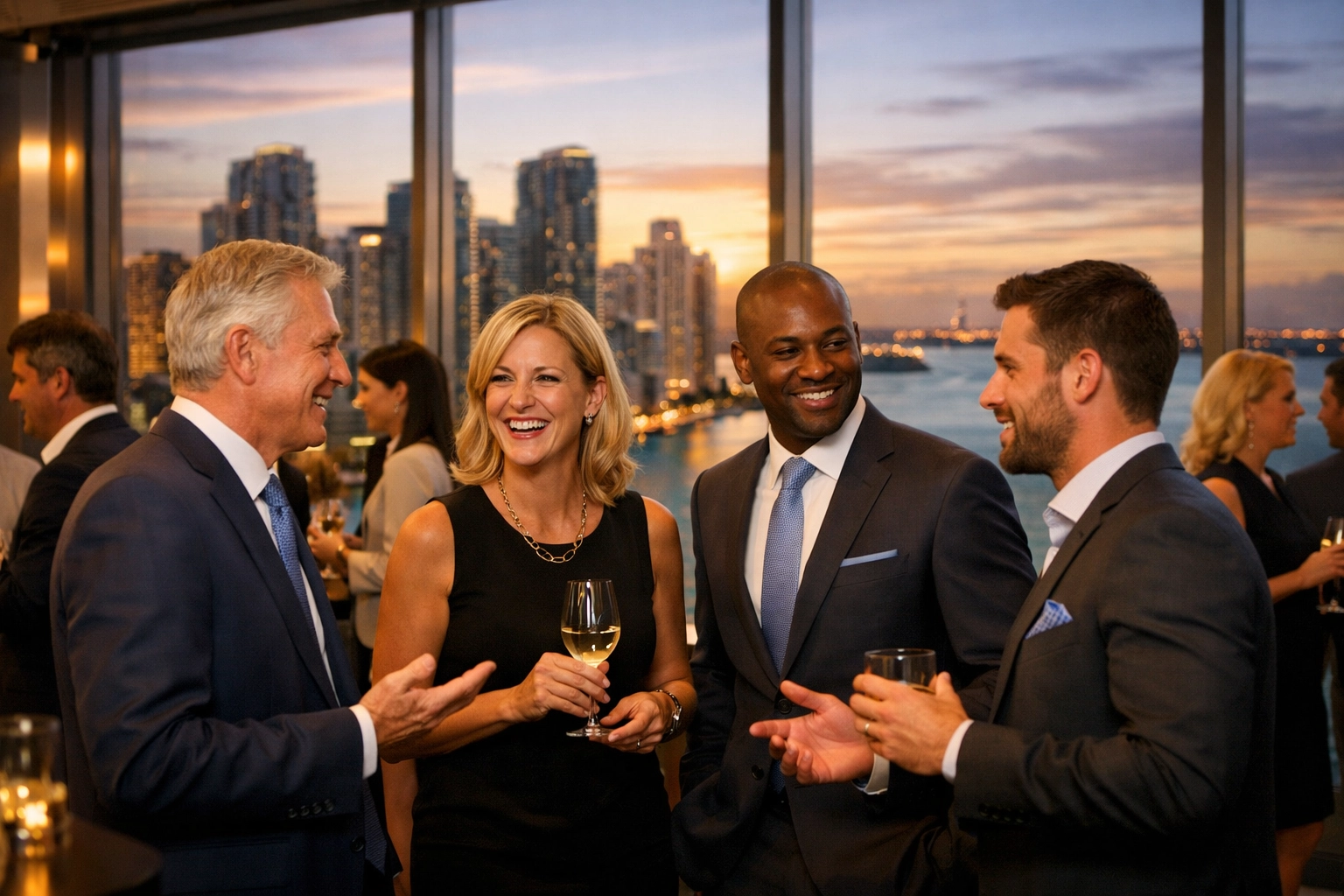 Corporate event photography in Miami featuring professionals networking in a luxury skyscraper with skyline views.