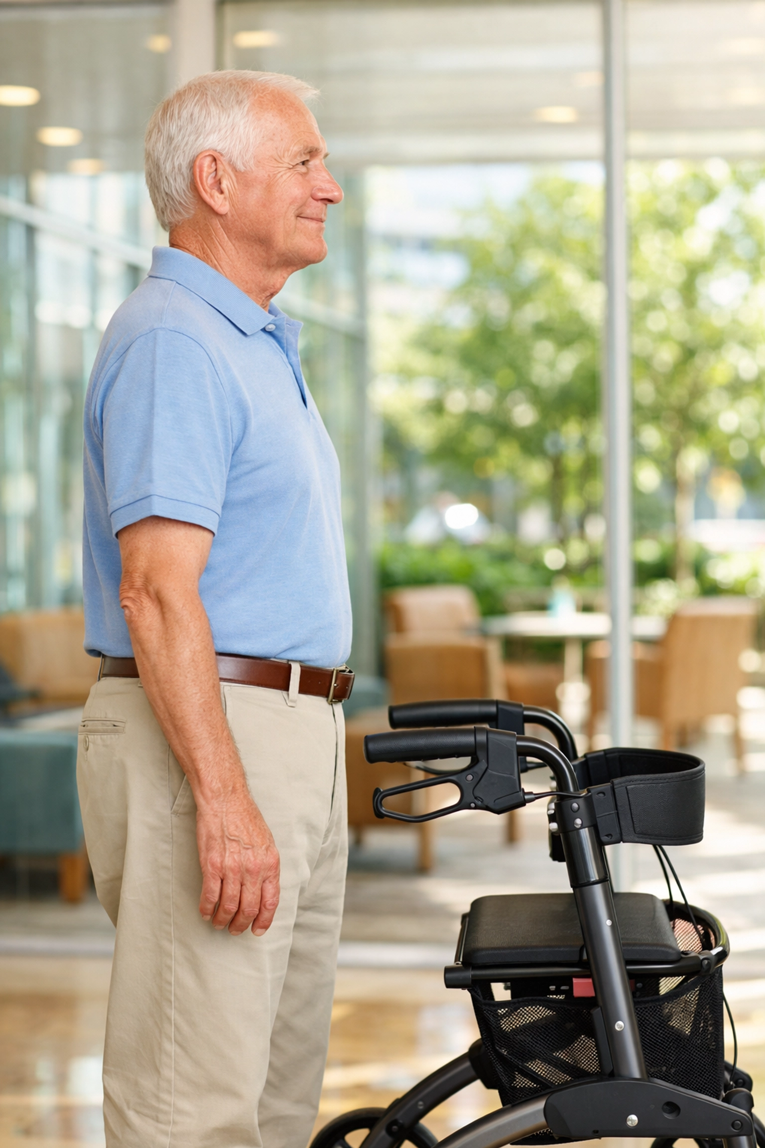 Senior man showing the correct rollator handle height for safety and fall prevention at home.