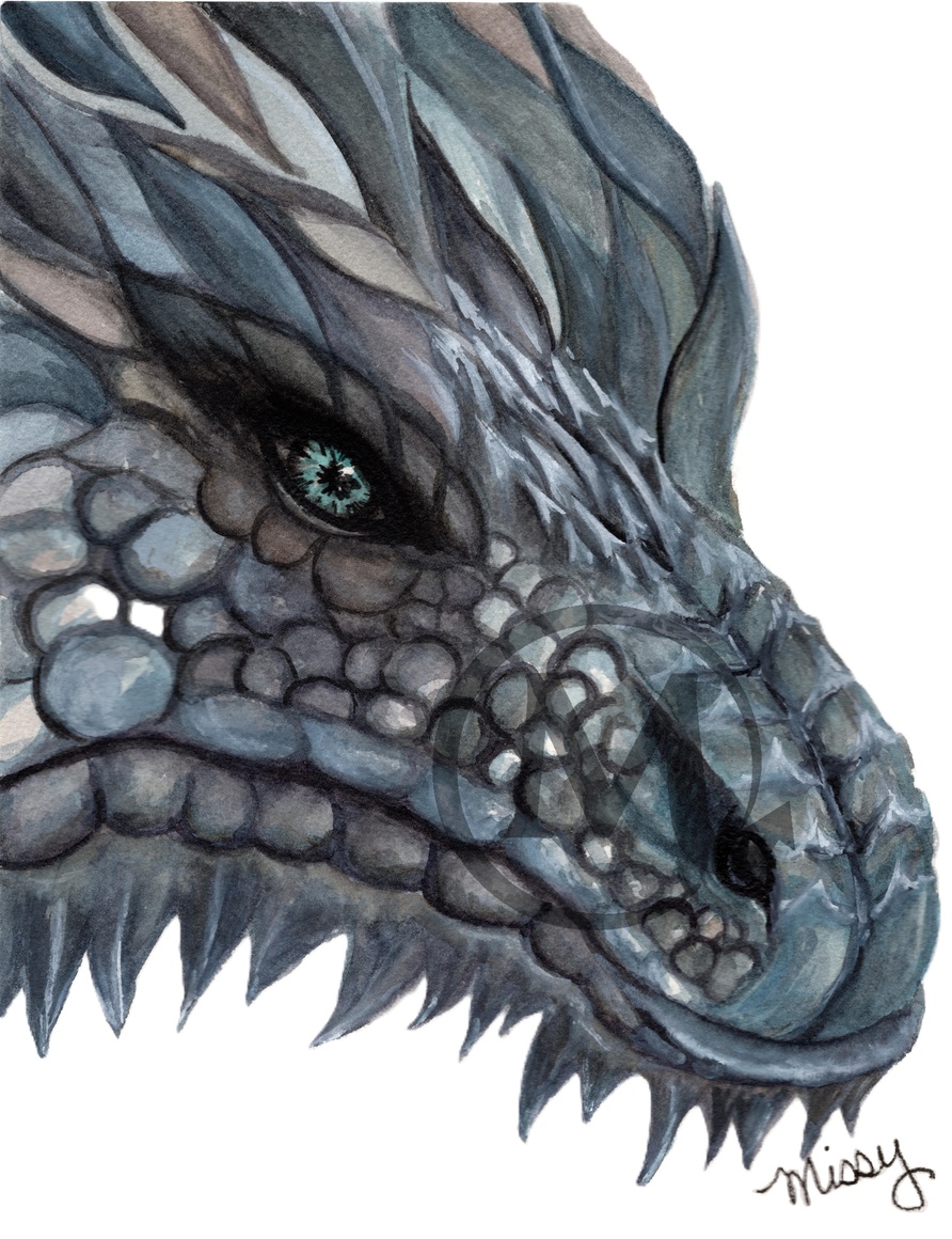 Original watercolor illustration of a dragon’s face by Missy (with watermark)