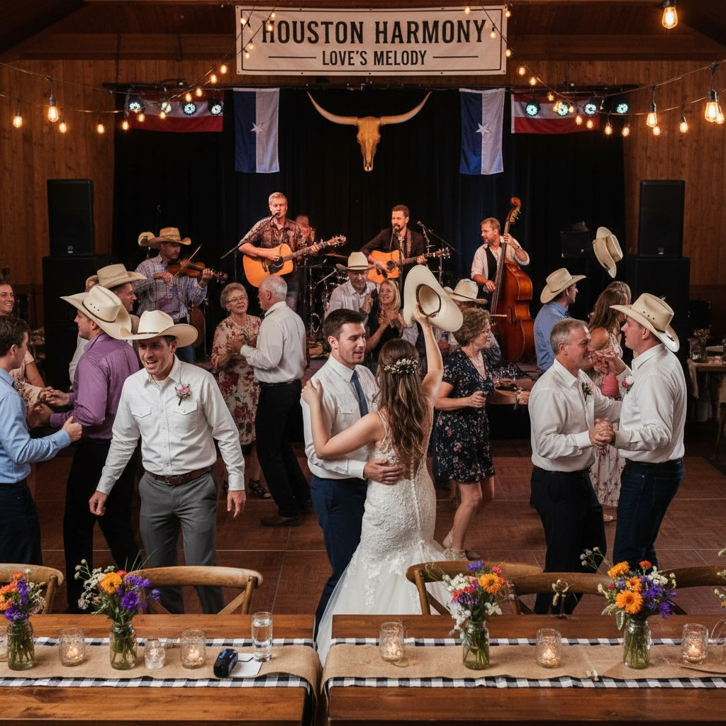 A lively country-themed wedding with couples dancing under string lights. A band plays on stage with a "Houston Harmony Love's Melody" sign.