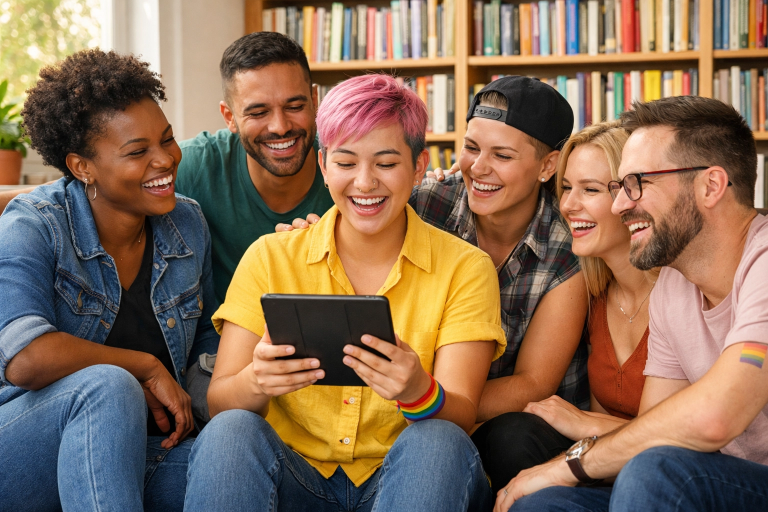 A diverse LGBTQ+ group sharing stories and reading MM romance books together in a modern library sanctuary.
