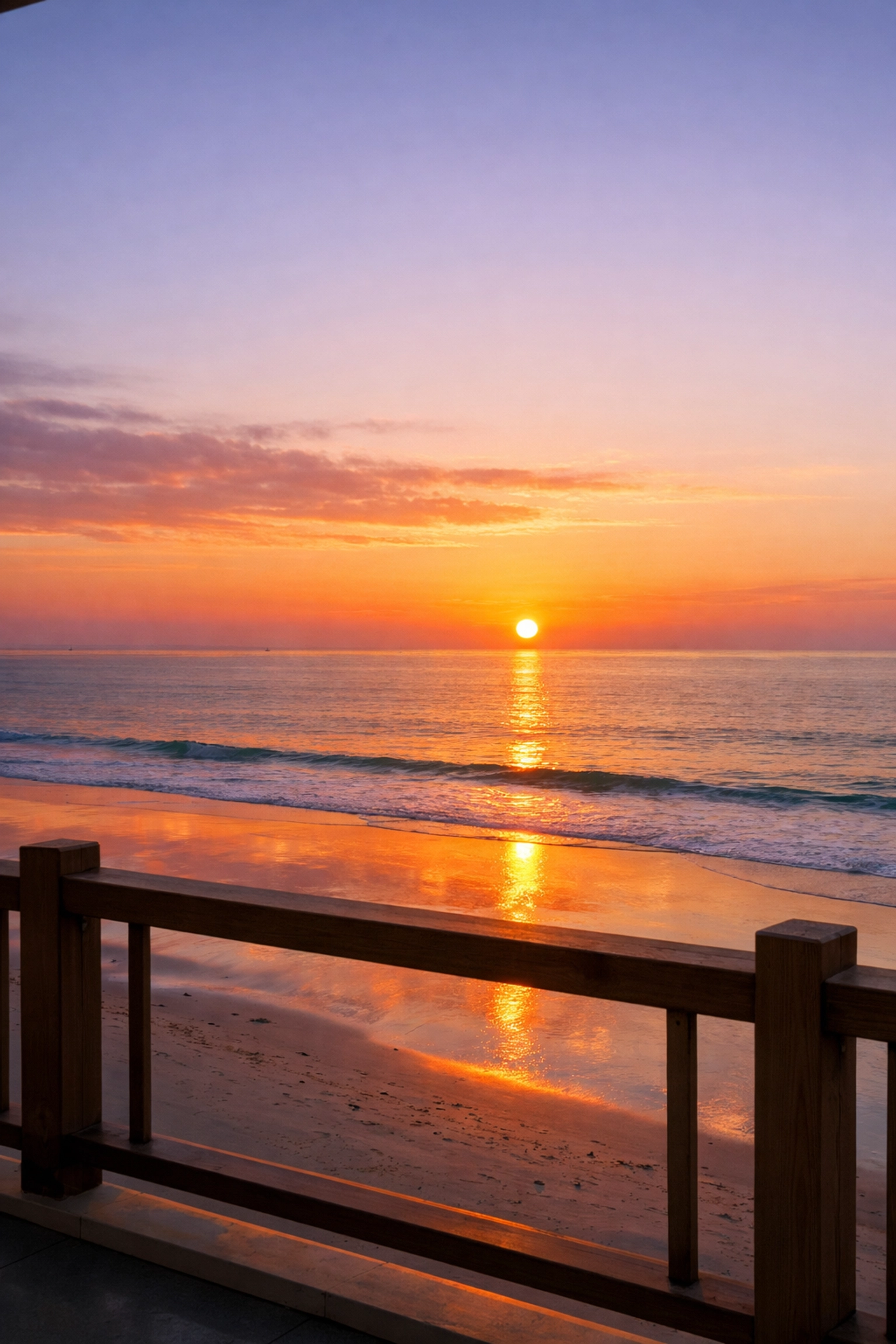 Sunset over Porthtowan Beach viewed from beachfront accommodation balcony