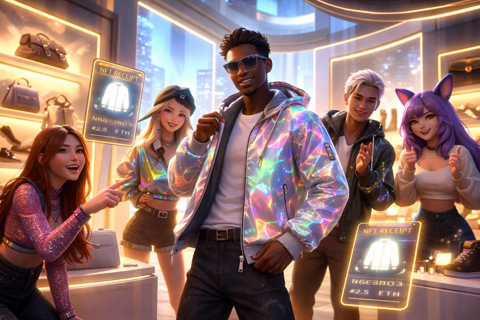 Group of avatars enjoying social shopping in a virtual boutique, highlighting NFT receipts and immersive metaverse commerce experiences.