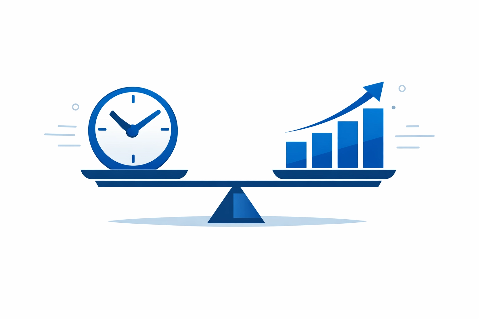 A balance scale comparing time and growth charts to represent the ROI of a digital marketing investment.