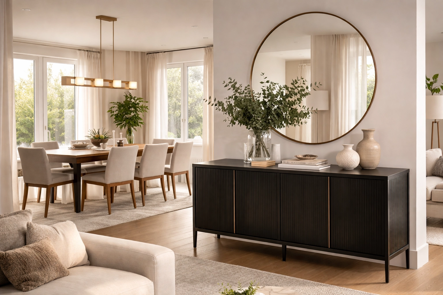 Black sideboard anchoring an open-concept living and dining space as a stylish room divider
