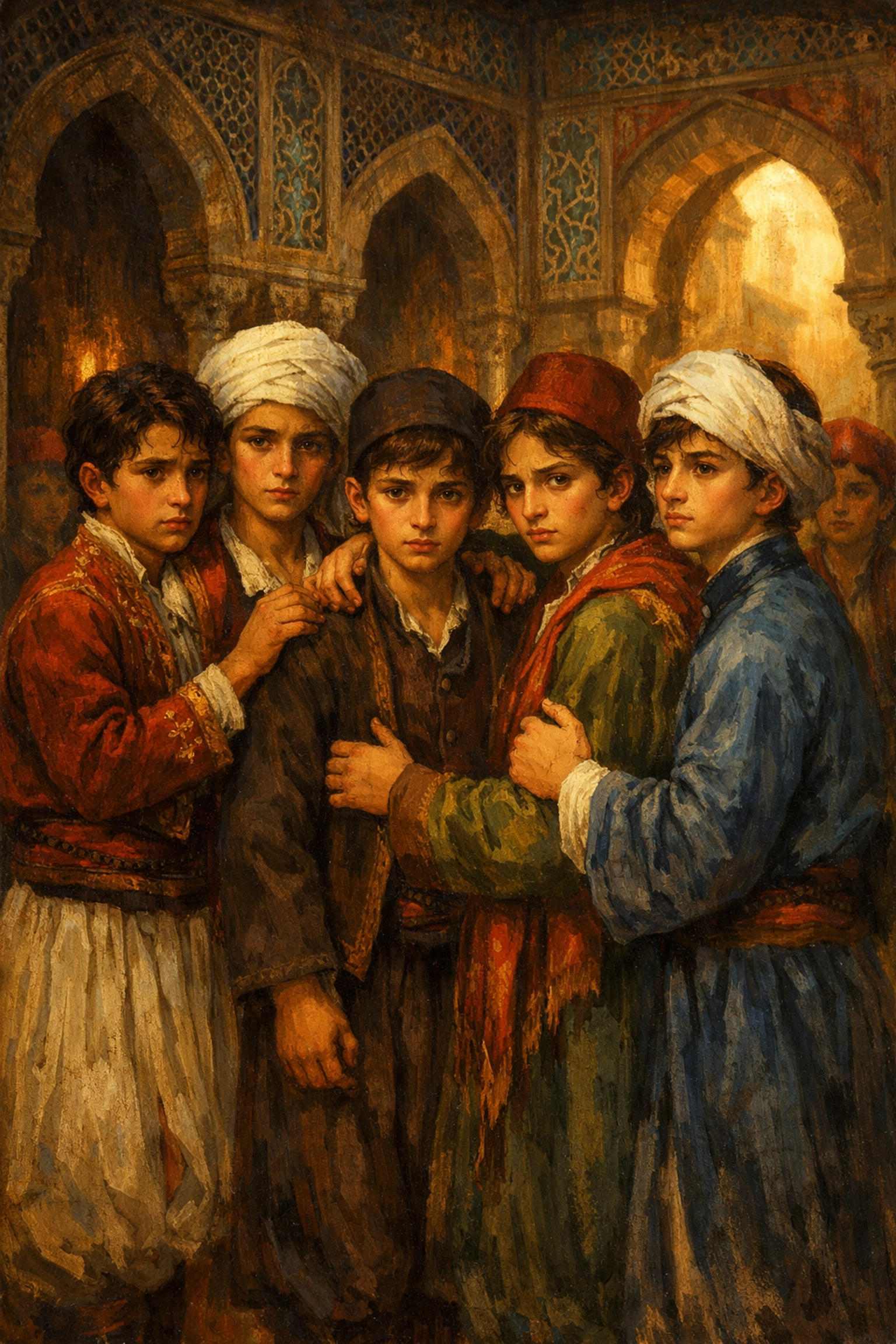 Devshirme boys forming bonds in Ottoman palace courtyard - gay history in the Enderun school