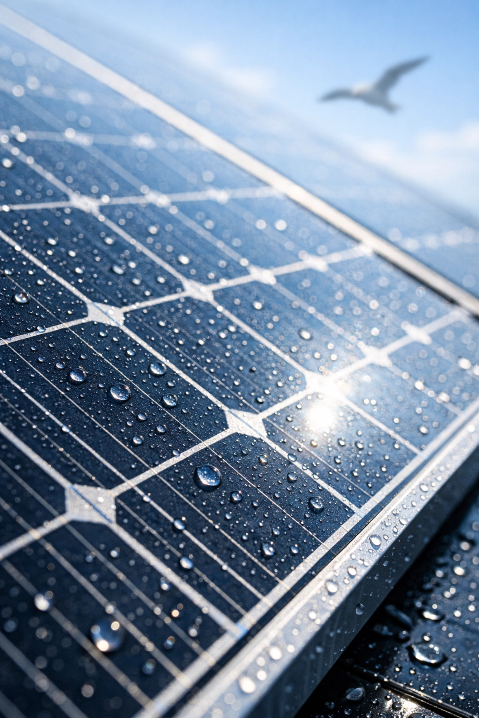 Close-up of high-efficiency solar panels reflecting the coastal sky, highlighting the need for regular maintenance.