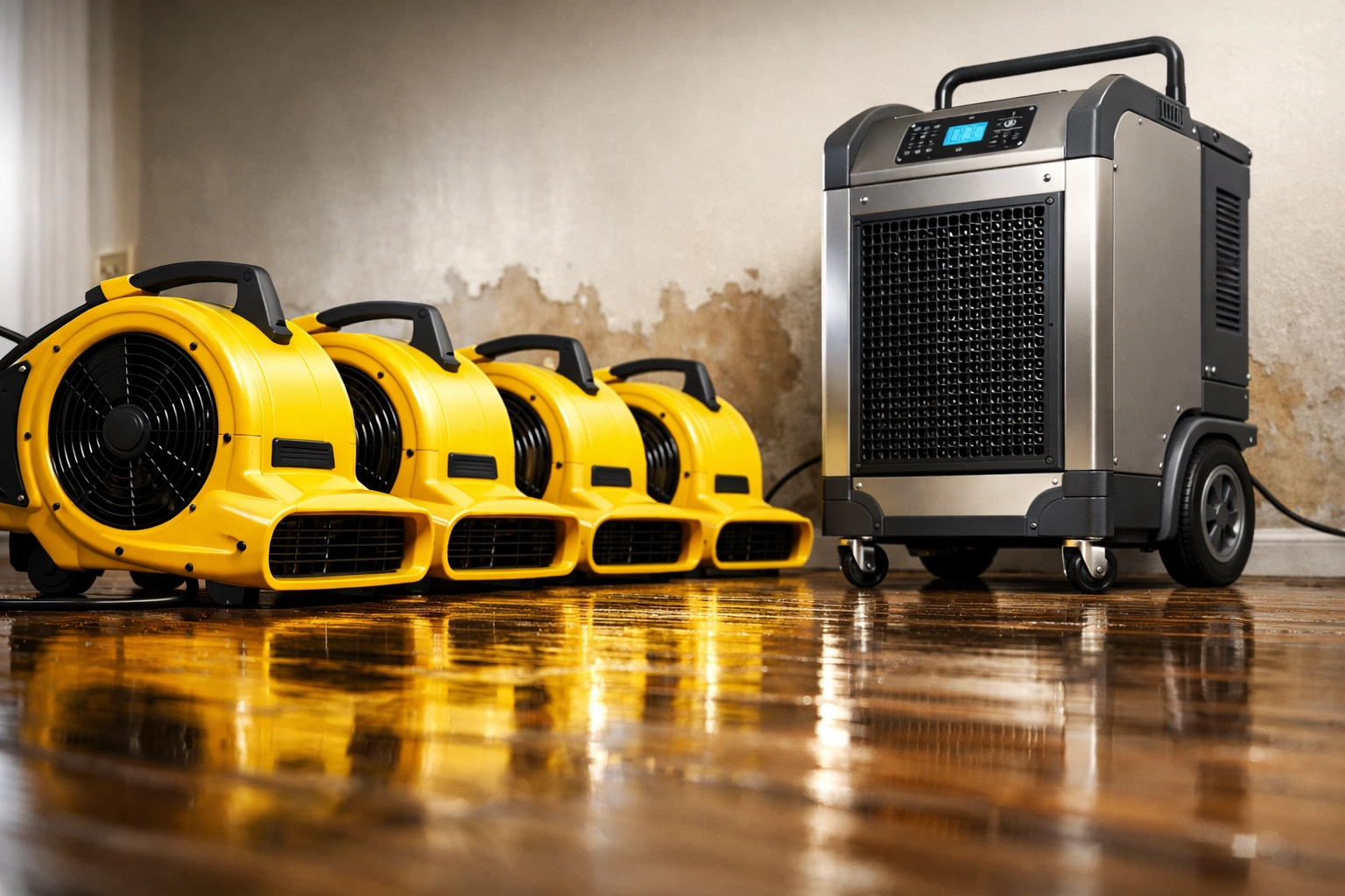 Industrial air movers and dehumidifiers used for professional water damage restoration drying.