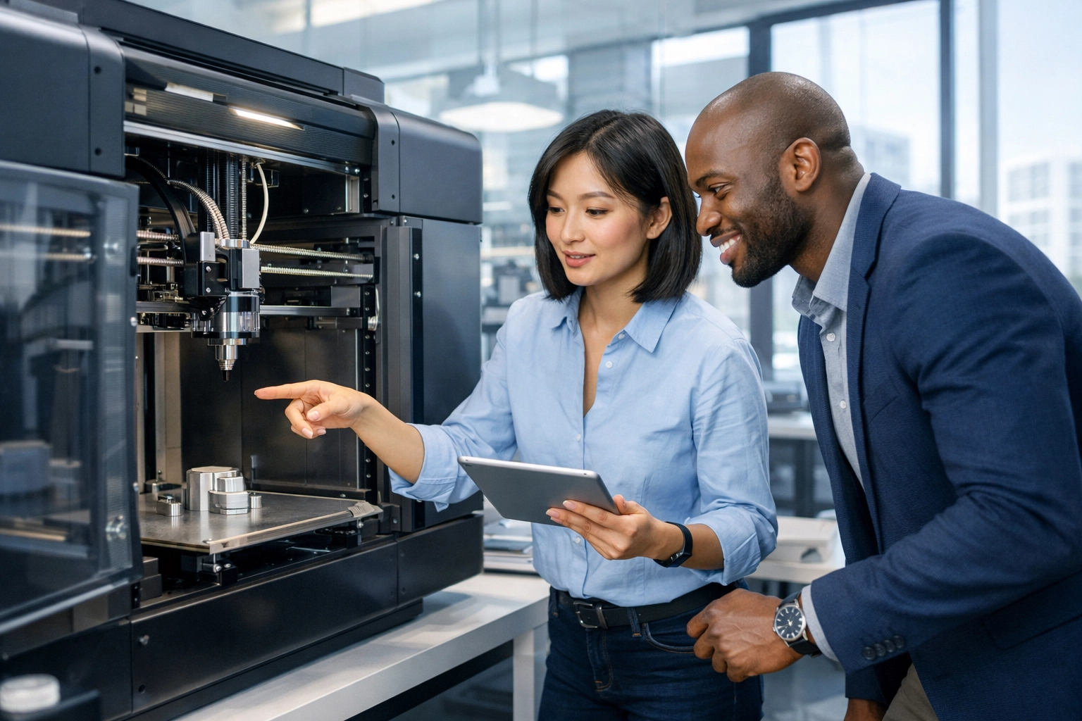 Business owners reviewing industrial machinery qualifying for 2026 bonus depreciation.