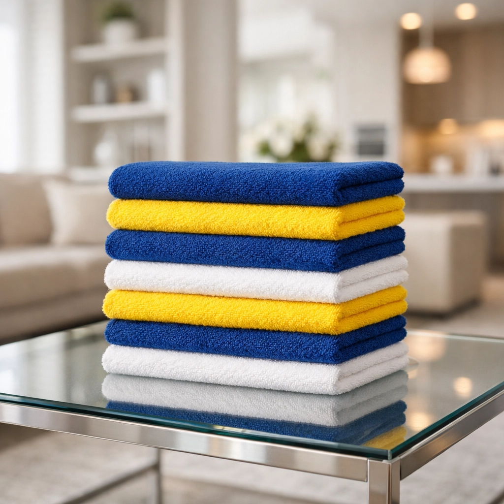Organized blue and yellow microfiber towels for hygienic residential house cleaning Lowell MA services.