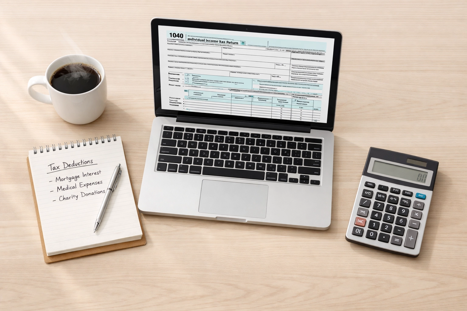Tax preparation course study materials with laptop, calculator, and forms on desk