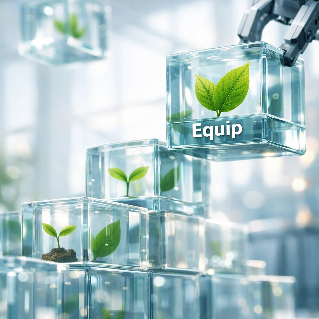 Glass blocks with green sprouts forming a foundation for leadership transformation and cultural growth.