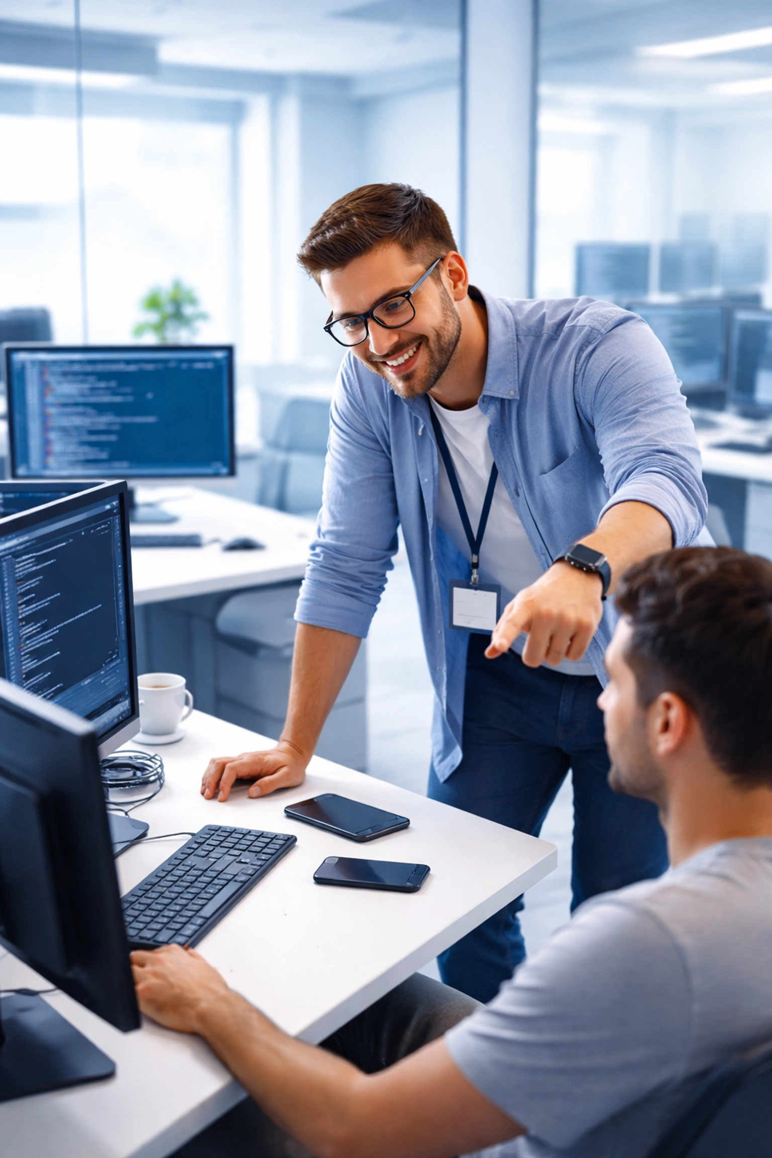 In-house IT professional assisting a coworker in a modern office, highlighting dedicated IT staff advantages