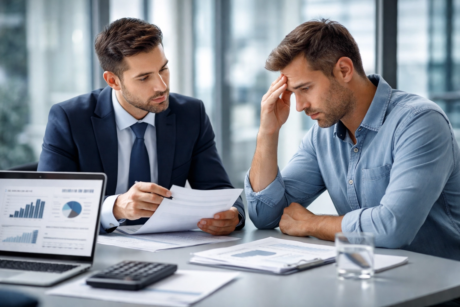Business professionals in a meeting reviewing financial documents for debt collection payment processing approval