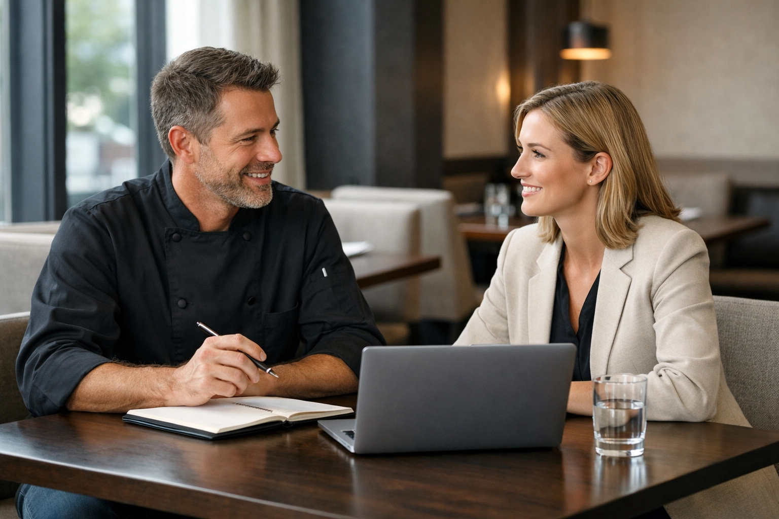 Restaurant operator and vendor representative negotiating supply terms and strategic partnerships.