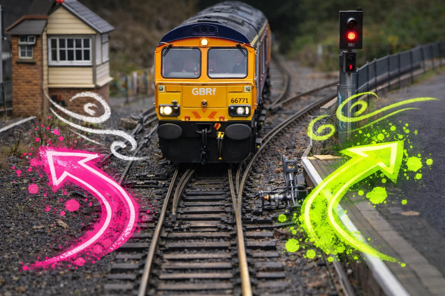 OO gauge British outline locomotive at a turnout showing smooth Cobalt point motor slow-action movement.