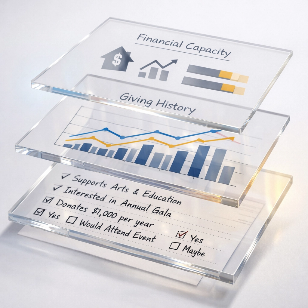 Layered donor data showing survey responses, giving history, and capacity indicators