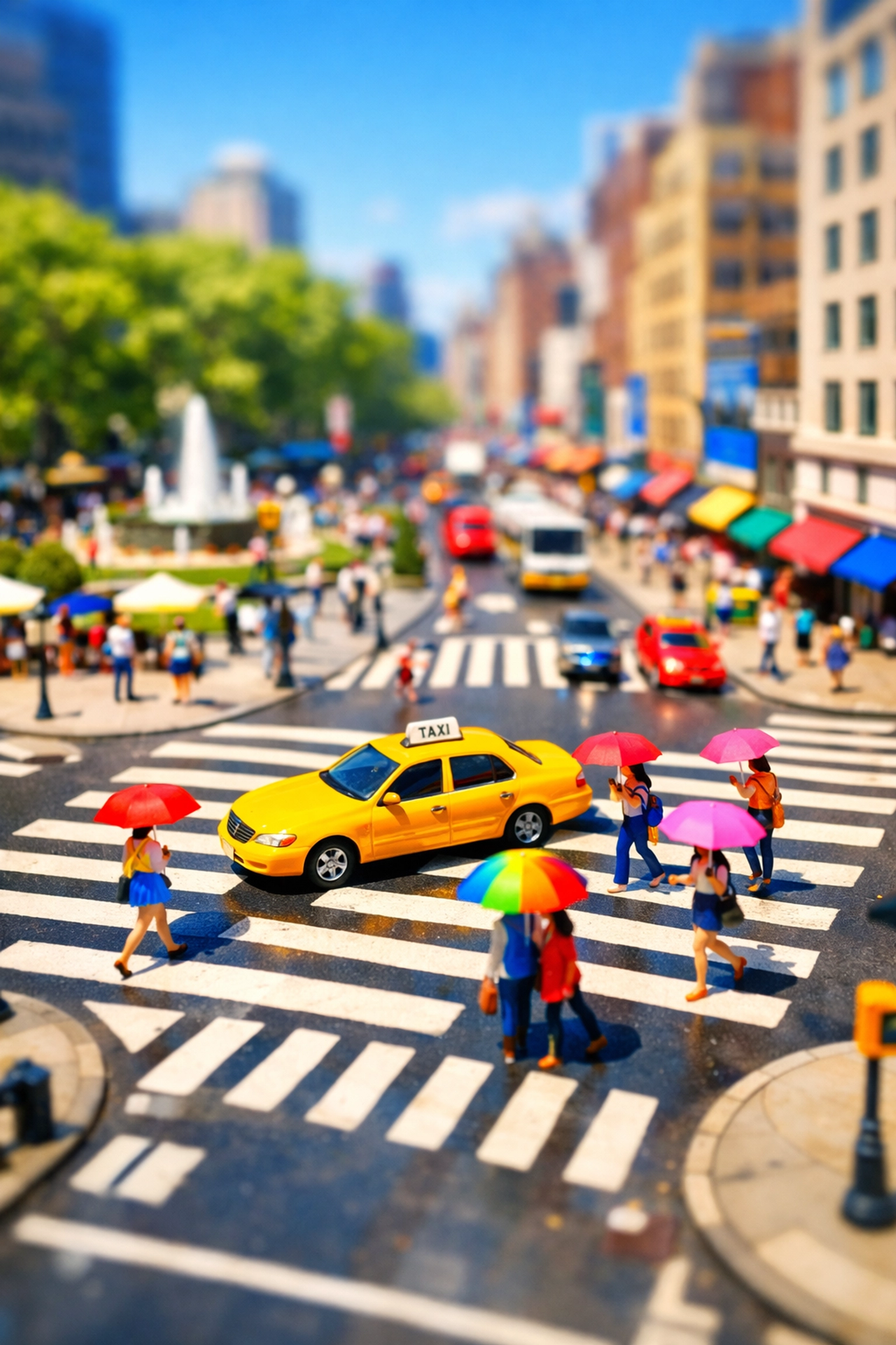Miniature world street photography idea using tilt-shift effect on a busy city plaza with a yellow taxi.