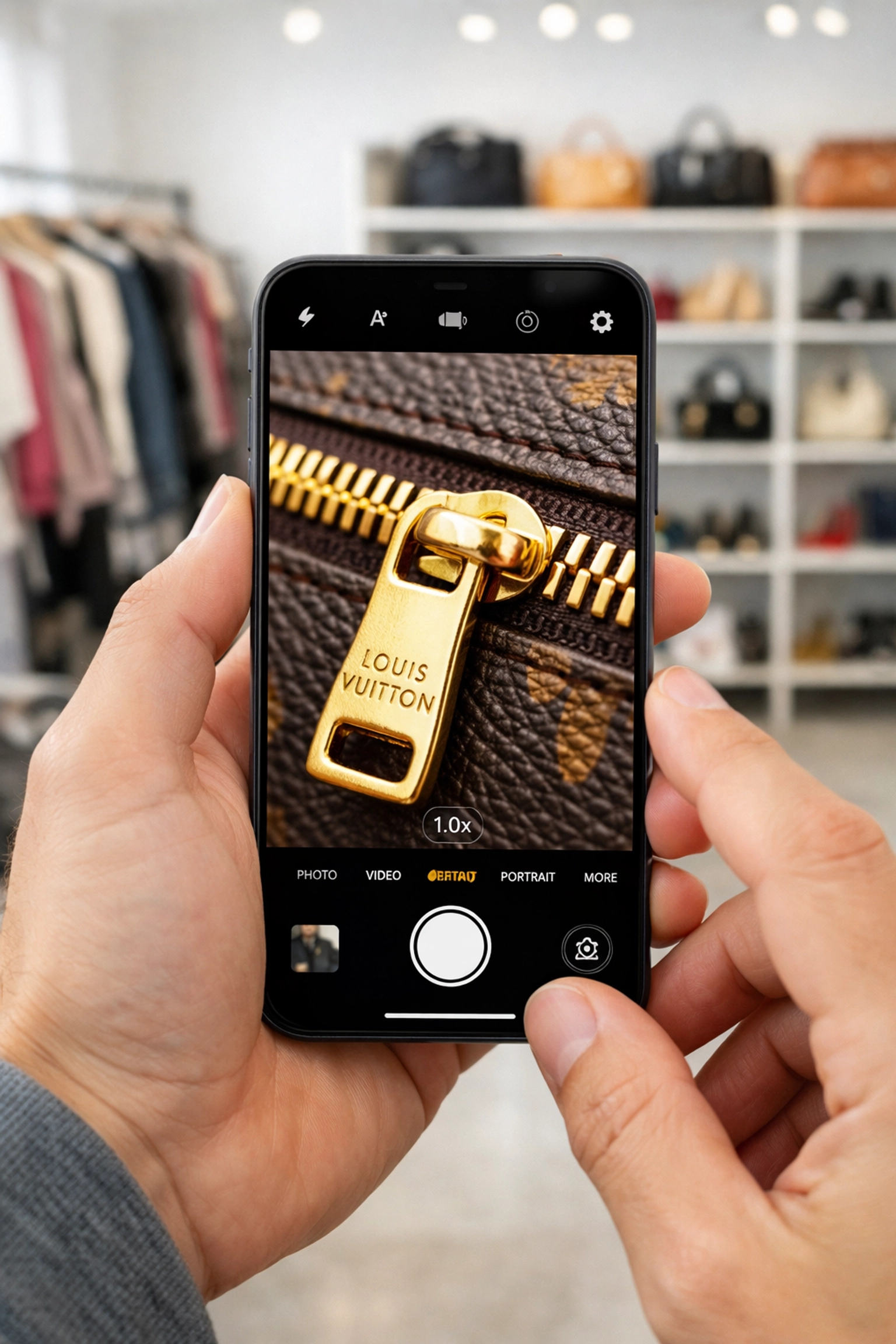 Using a smartphone to authenticate online by photographing high-definition details of a designer bag zipper.