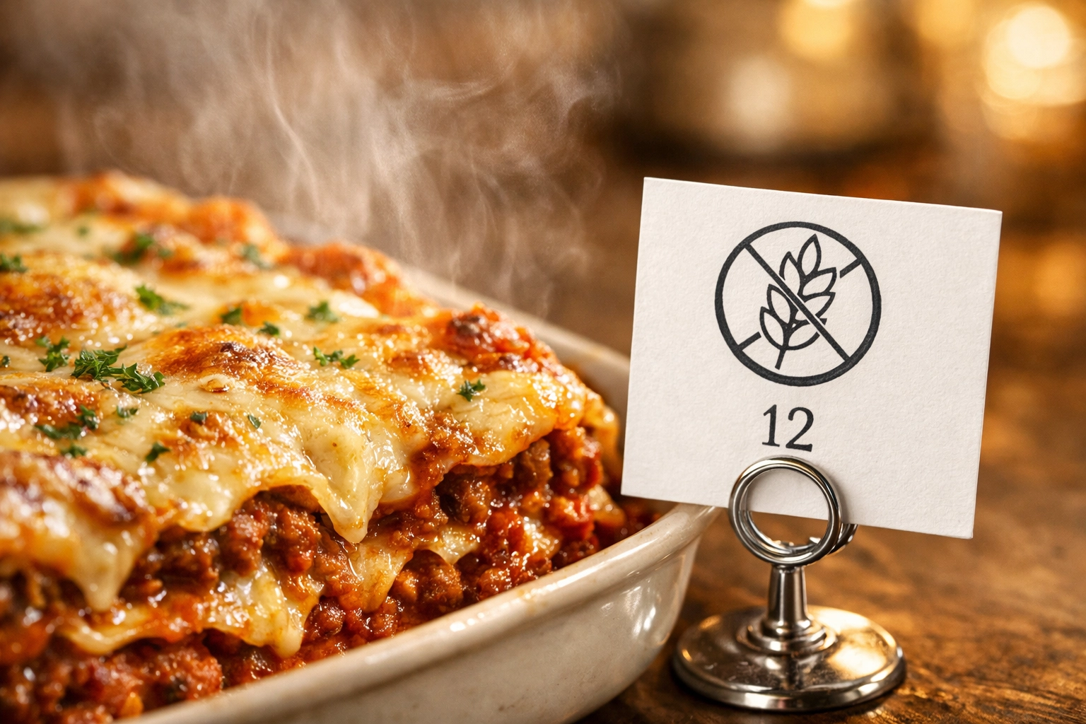 Close-up of a lasagna dish with a gluten-free dietary tag for a potluck meal.