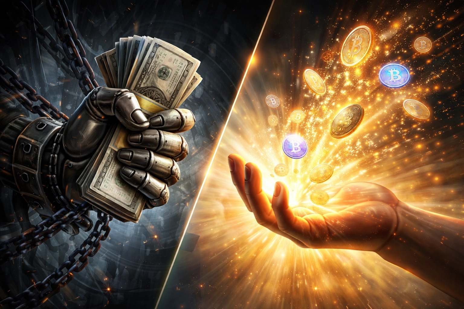 Contrast between locked funds and financial freedom, illustrating self-custody and crypto payment advantages for merchants.