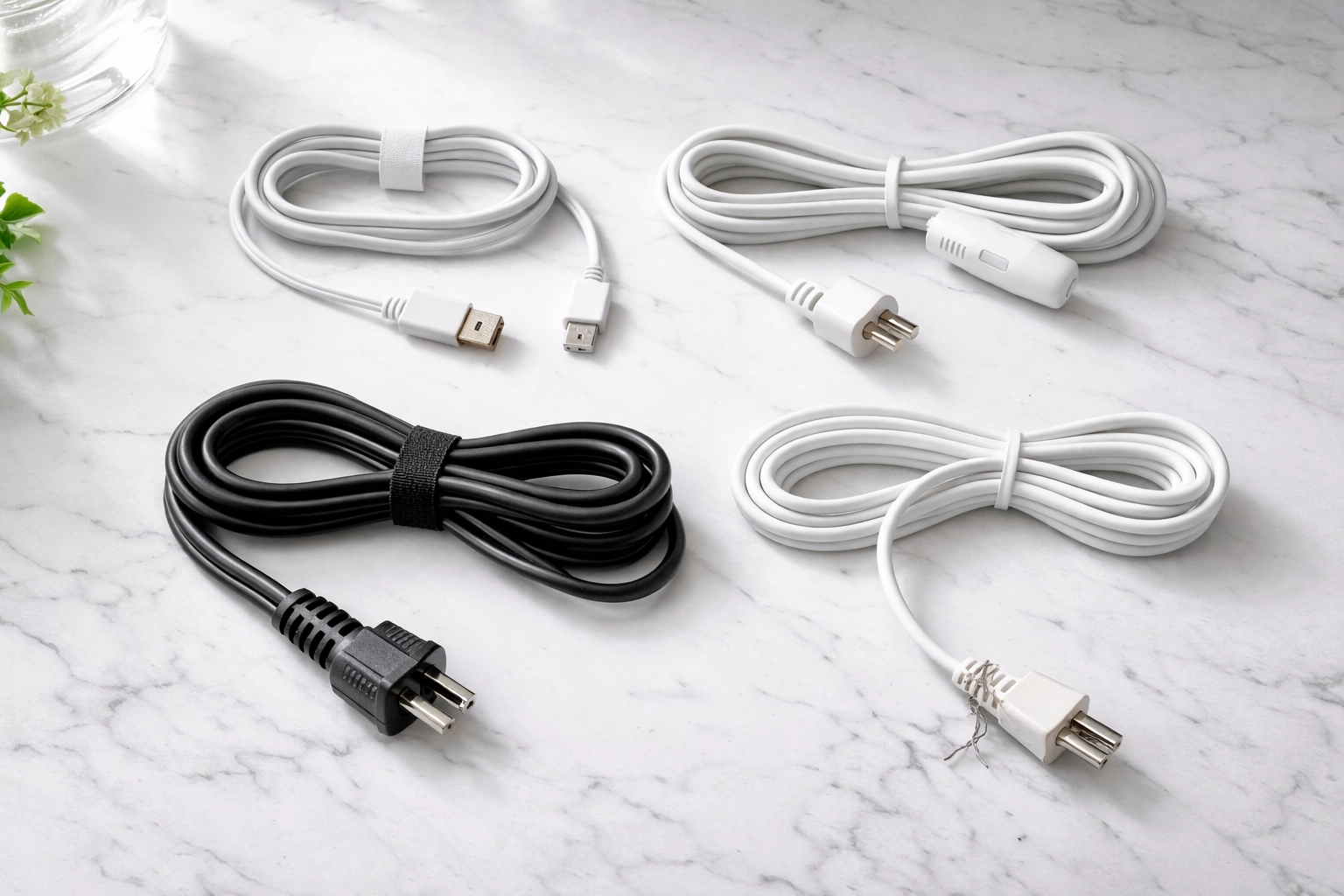 Assorted electrical cords, including a frayed cable, displayed for Atlanta home electrical repair inspection.