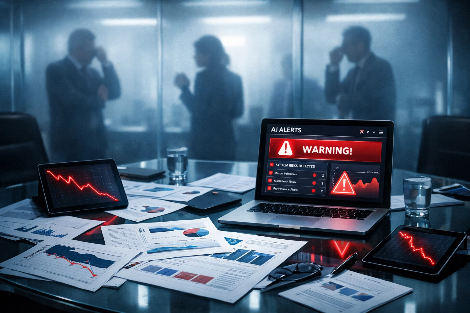 Business executives reviewing failing AI dashboard with warning indicators and declining metrics