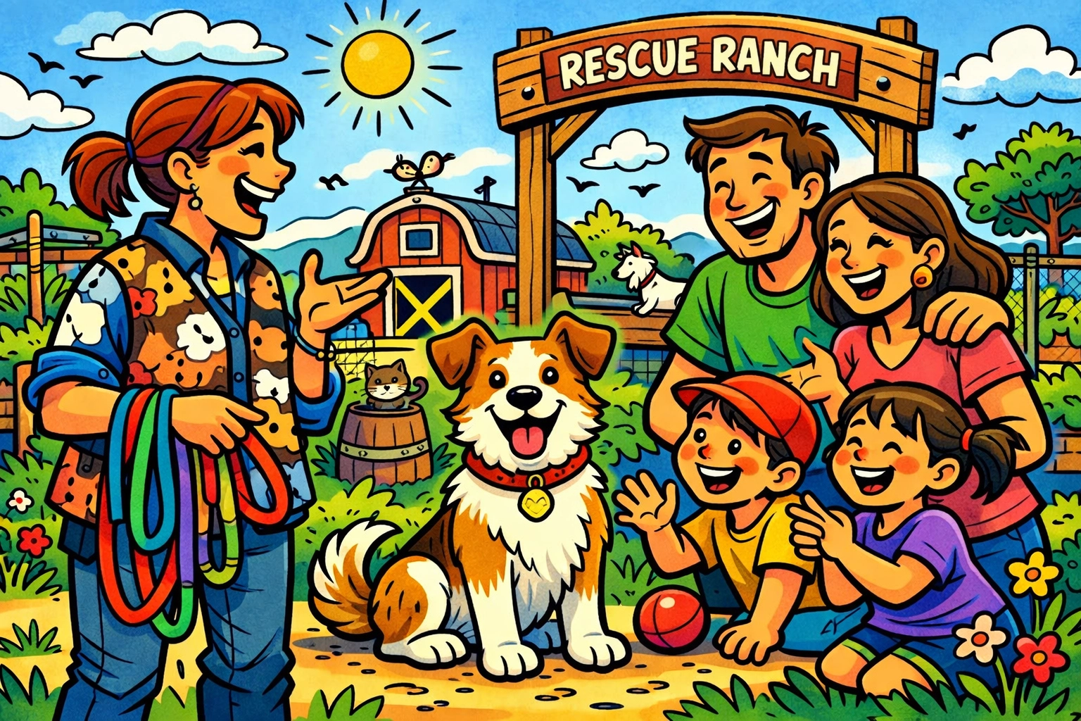 Happy family and shelter staff celebrating a successful adopt a dog day at a local dog rescue near me.