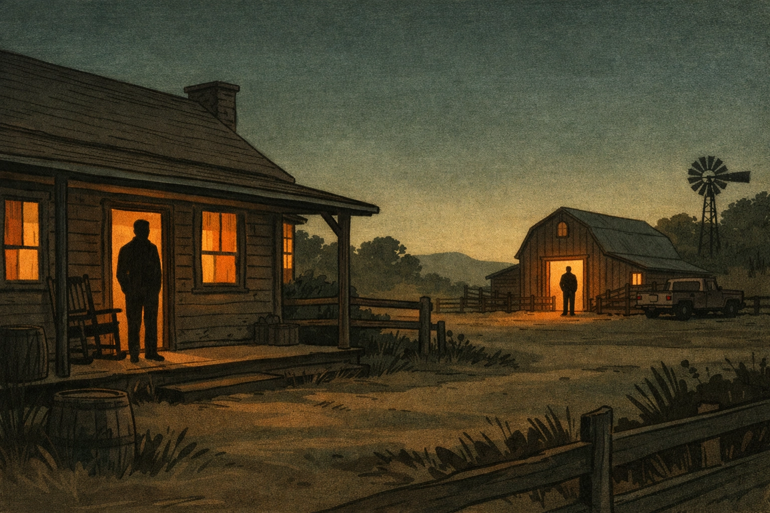 Montana ranch house at twilight showing separated lovers in double life - 1880s gay romance