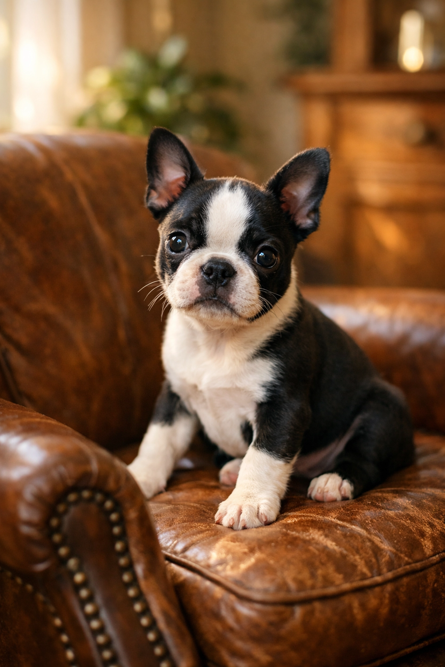 Chiot Boston Terrier au pelage noir et blanc caractéristique, assis sur un fauteuil