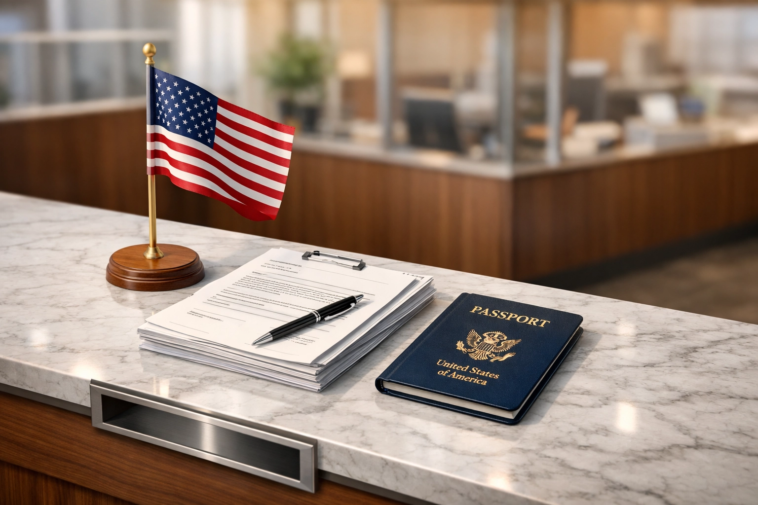 Bank teller desk with a US flag and passport representing new citizenship requirements for banking.
