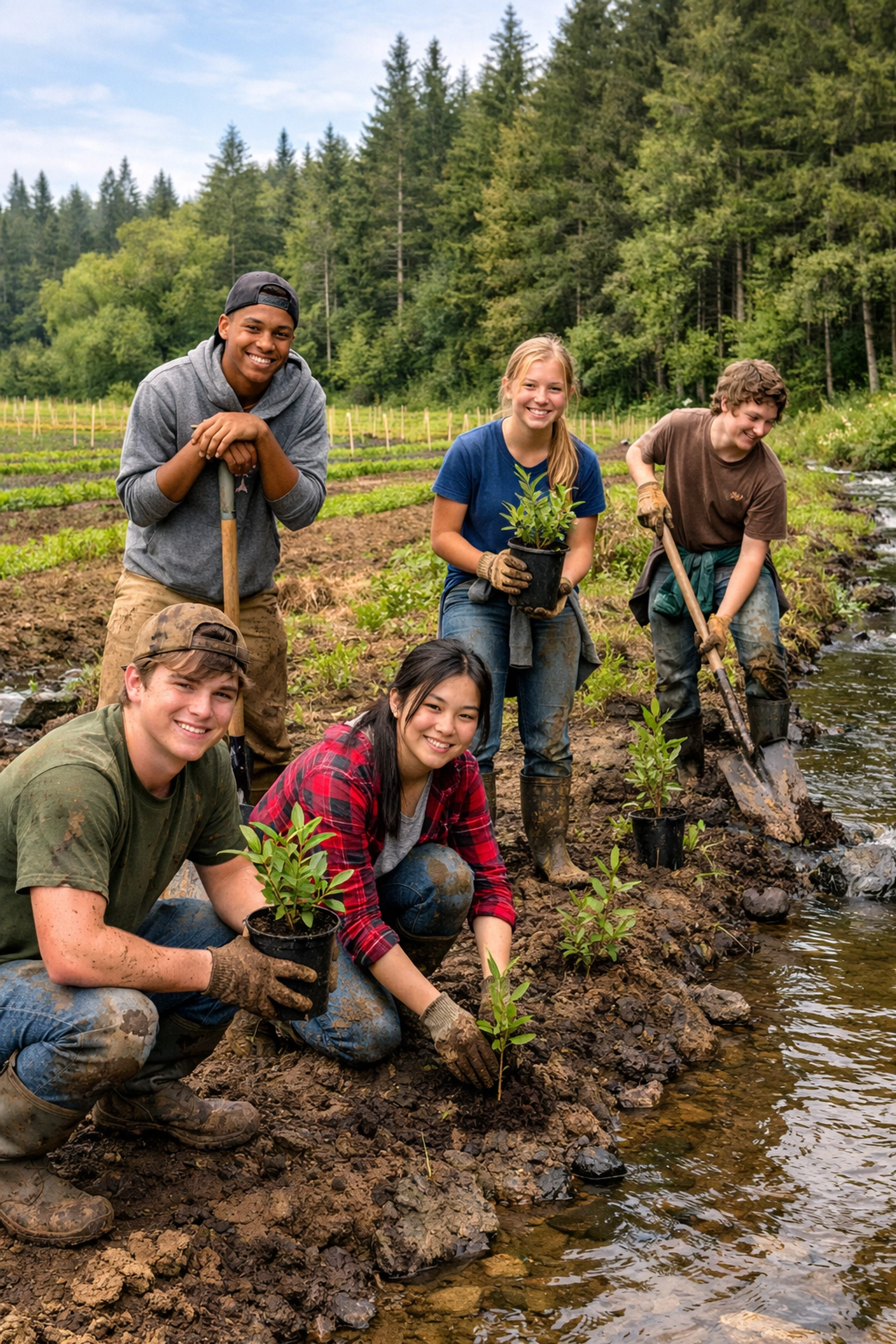 High school students planting a riparian buffer for watershed conservation at Farmers Frog.