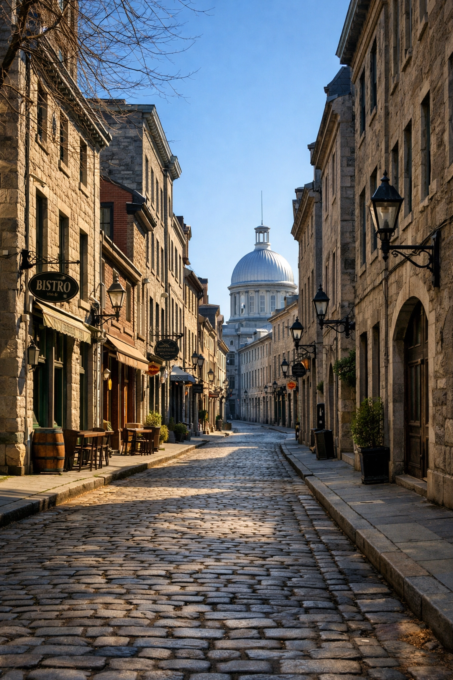 Quiet cobblestone street in Old Montreal during early spring, showcasing hidden city charm.