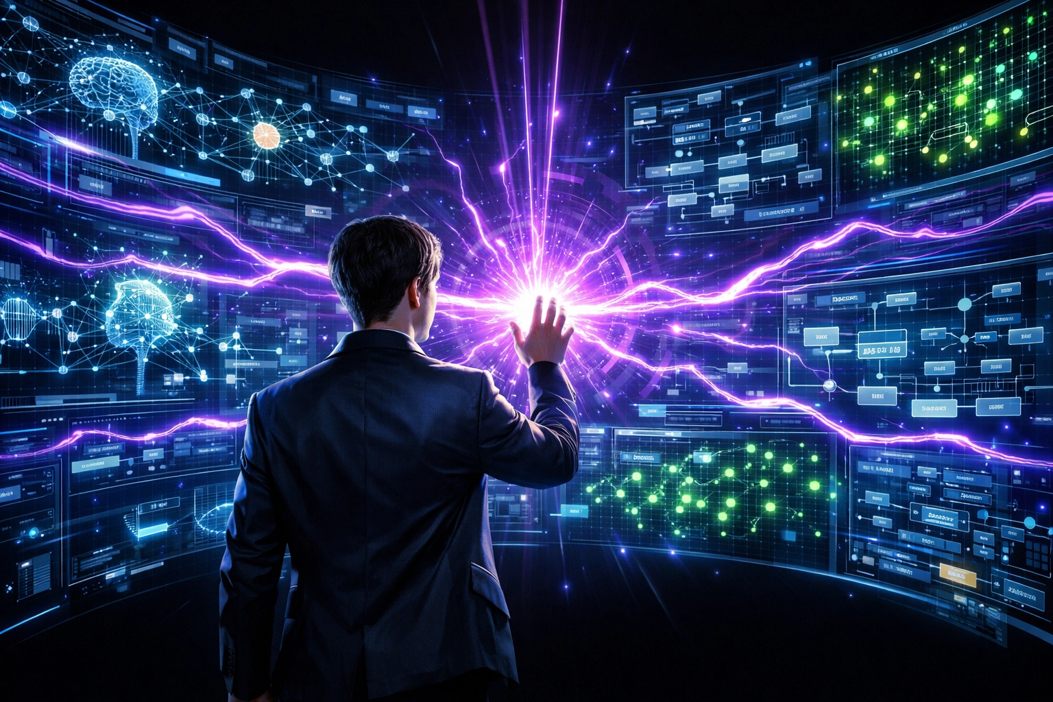 An AI strategist controlling automated workflows on holographic screens to prove industry readiness.