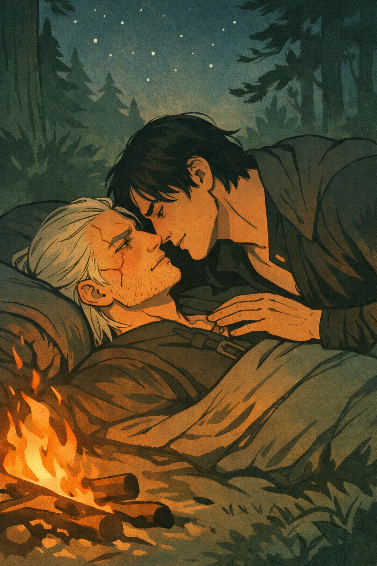 Witcher and vampire sharing intimate moment by campfire - MM romance couple illustration