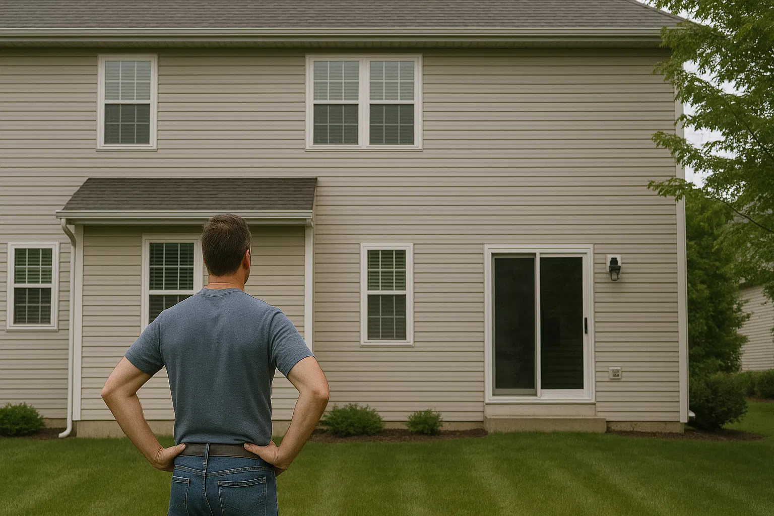 A homeowner assesses the back of a recently restored house