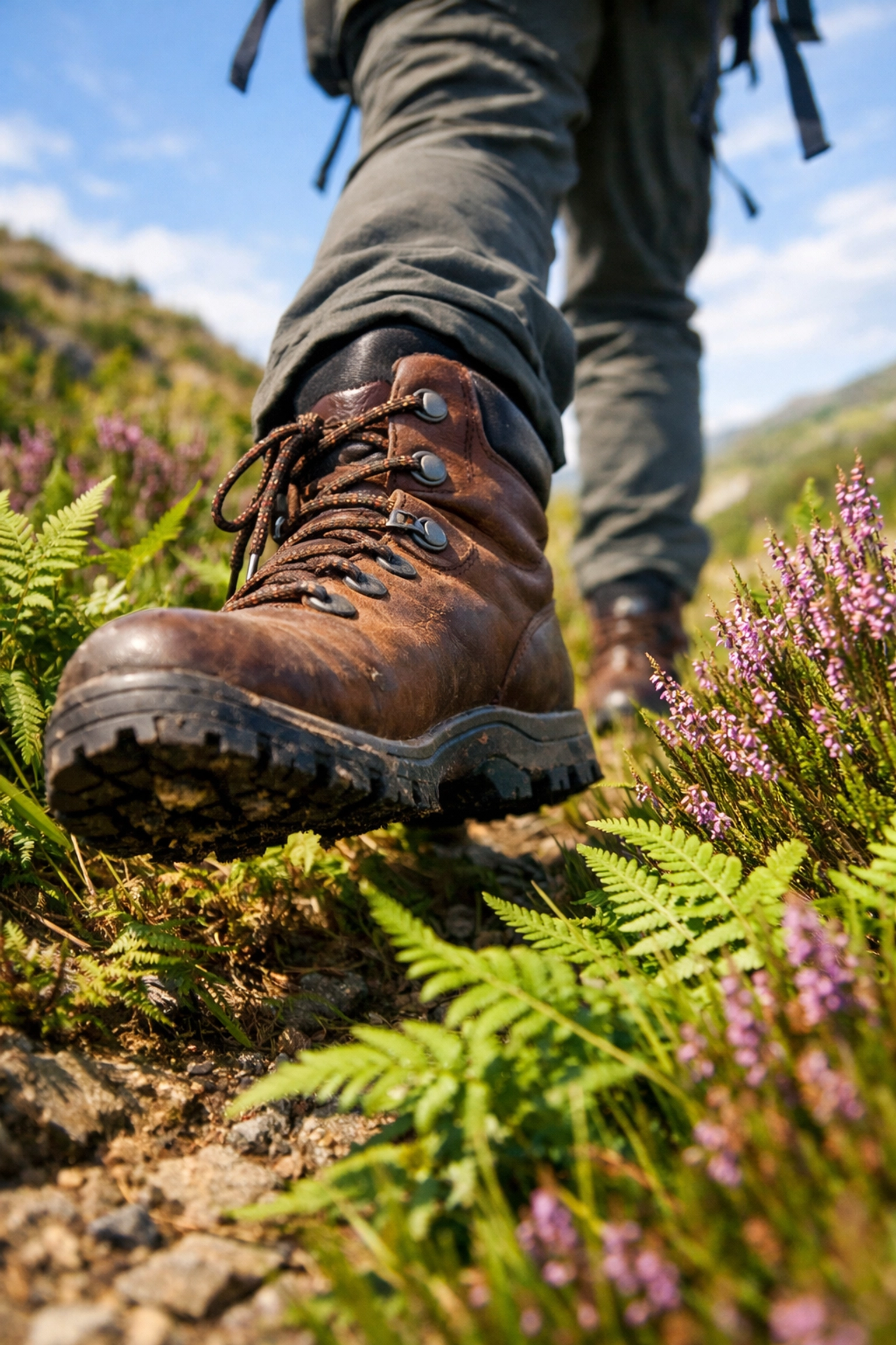 Hiker boots trekking through ferns on a camping adventure UK to master pacing skills.