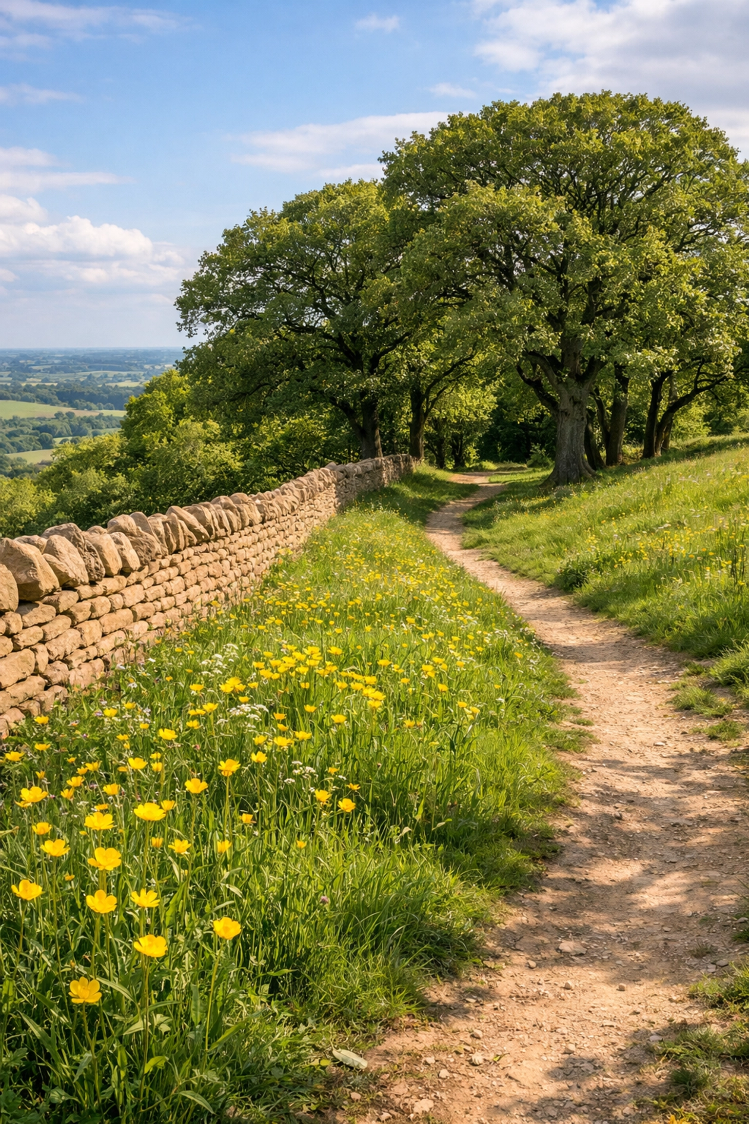 Scenic rolling hills and wildflower meadows along the Cotswold Way trail on a guided hiking tour.