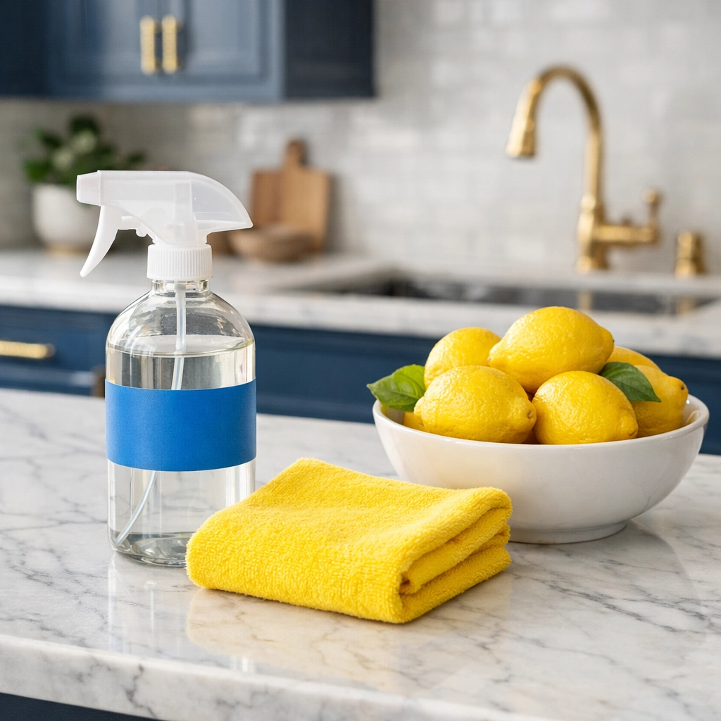 Eco-friendly house cleaning in Harvard MA featuring non-toxic supplies on a clean marble countertop.