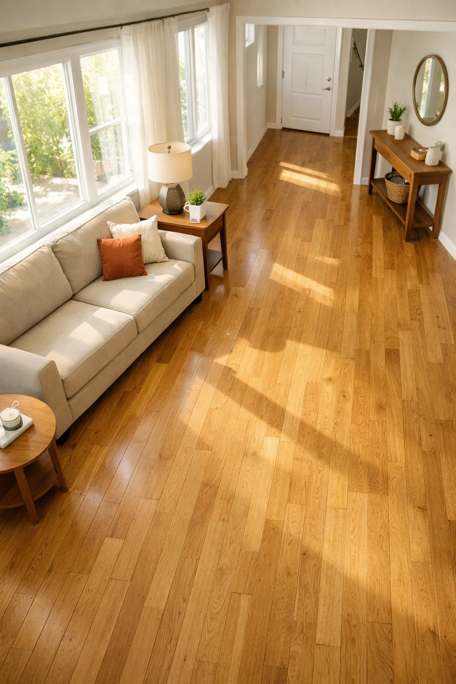 A bright, clutter-free living room with clear walkways to prevent trips and falls for seniors.