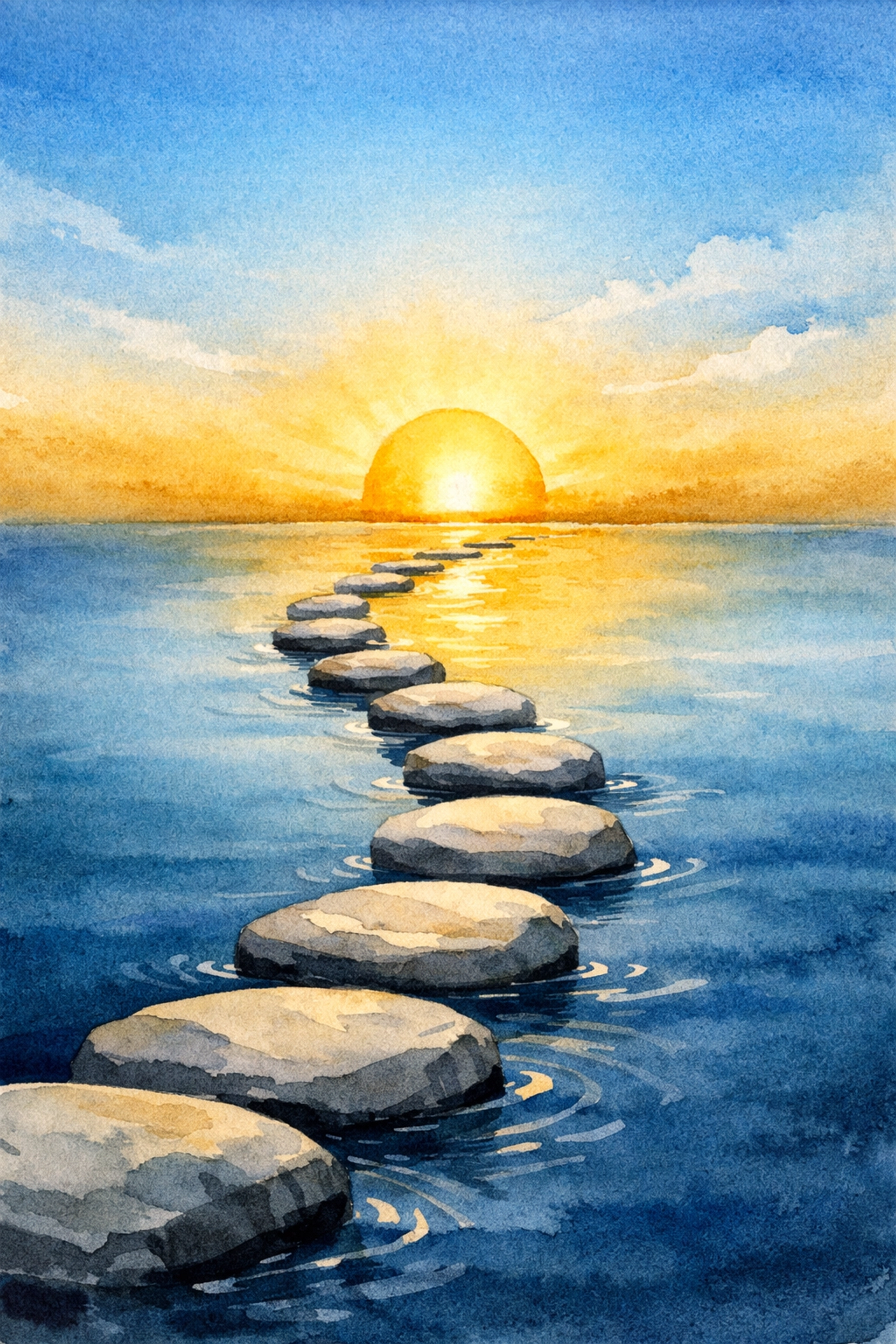 Path of stepping stones leading toward a sunrise symbolizing a consistent daily walk with God.
